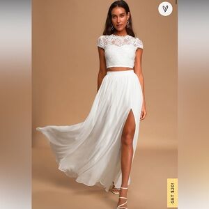 Lulu’s white bridal two piece lace crop and skirt
